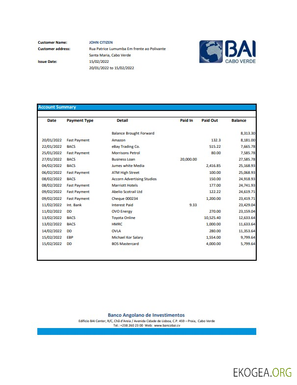 Modèle Excel et PDF de relevé bancaire de Cabo Verde Banco Africano de Investimentos (AutoSum)